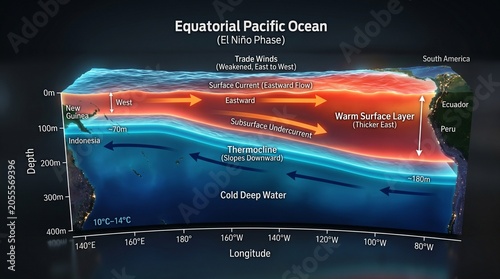 Animated-Style Cross-Section of Equatorial Pacific Ocean Temperature Depth – Warm Red Surface Layer Thickens in East, Blue Thermocline Slopes Downward with Subsurface Current Arrows