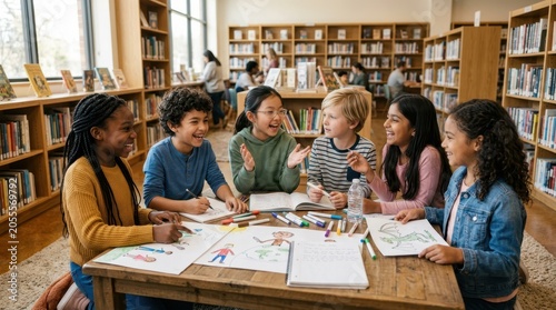 Diverse group of children laughing and drawing together at a table in a library