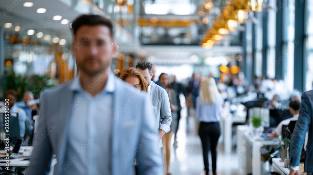 Fototapeta premium Diverse group of professionals walking through a modern office space