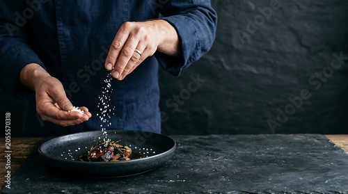 Professional chef seasoning a meal with sea salt on a dark plate