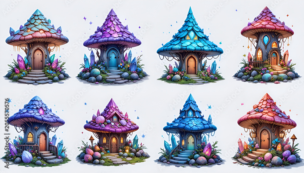 Fototapeta premium Magical Crystal Mushroom Village Collection with Glowing Gemstone Fairy Cottages Fantasy Clipart Set 