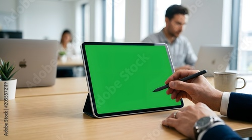 Tablet Mockup with Green Screen in Modern Office