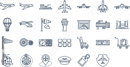 Aviation and airport travel line icon vector set featuring airplane navigation luggage ticketing flight and terminal elements