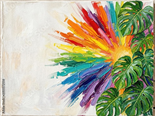 Rainbow sunburst and tropical monstera leaves on canvas, vibrant impasto oil painting, artistic background for summer themes, creative wall decor and botanical art inspiration