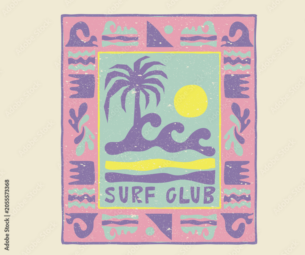Obraz premium Endless summer artwork. Surfing club. Feel the vibes. Enjoy sunny day, Summer good vibes vector graphic design for apparel, stickers, posters, background and others.