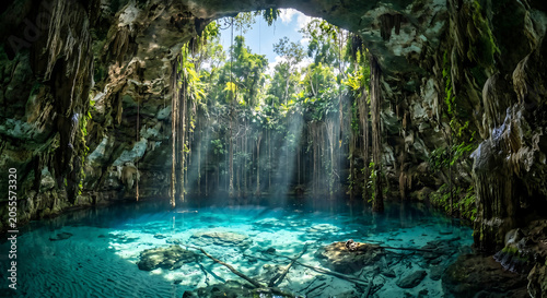Bright sunbeams piercing through the jungle canopy into a turquoise cenote cave pool