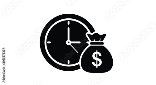 Clock with money bag icon black silhouette on a white background