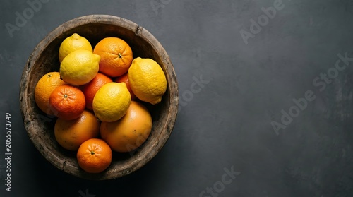 Fresh lemons and oranges in a rustic bowl on a dark background