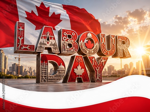 Labour day celebration with canadian flag and cityscape at sunset