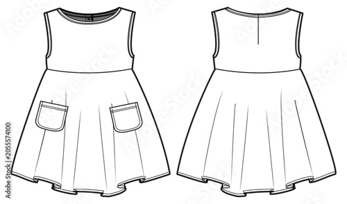 Girl's sleeveless baby doll dress design flat sketch fashion illustration vector template with front and back view,  Toddler baby girl frock dress with pockets cad drawing