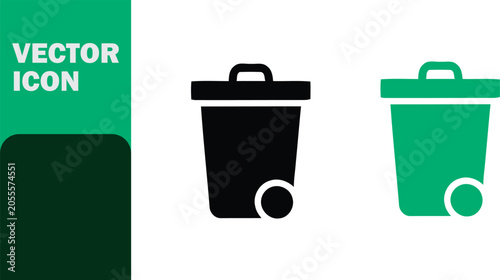 Minimalist trash bin icon set in solid black and green