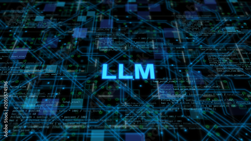 Large language model artificial intelligence concept showing deep learning neural network data processing, natural language understanding, and generative AI technology interface