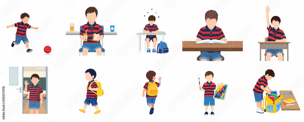 Fototapeta premium Schoolboy Daily Routine Activities Set, Flat Character Illustration for Education, Learning, and Play