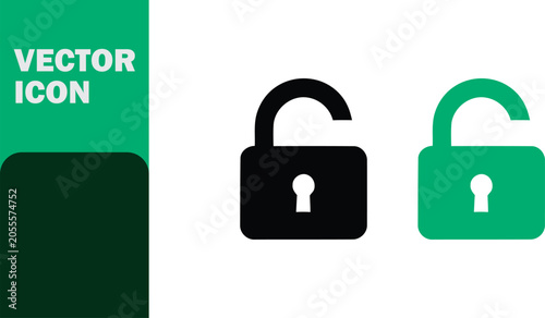 Minimal flat vector icons of open padlocks in black and green