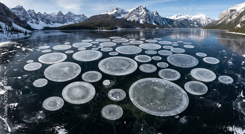 Frozen circular methane gas bubbles trapped beneath the ice of an alpine lake