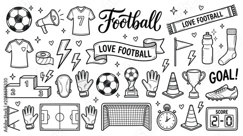 Foto Football soccer doodle icon set vector with ball, jersey, trophy, goal, gloves a