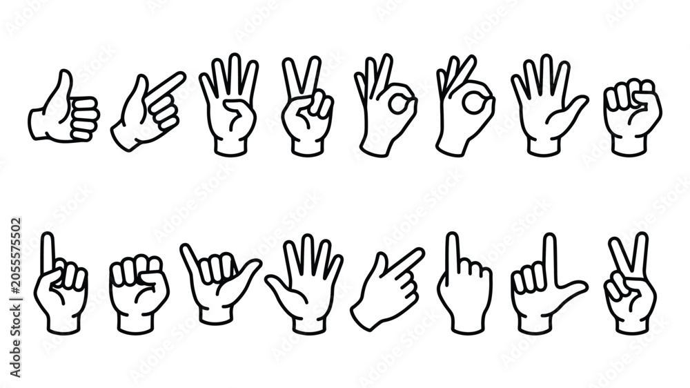 Fototapeta premium Cartoon hand gesture icon set vector with thumbs up, peace, fist, shaka and finger signs in minimal black outline style for emoji sticker and app design 