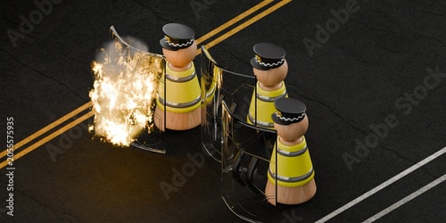 Foto 3d policeman with riot shield in the middle of the road, police altercation, rio