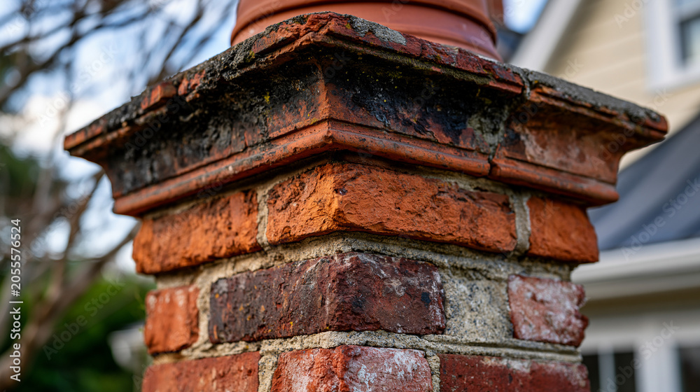 Naklejka premium Brick chimney stack detail Victorian engineering, corbelled cap course overhang, flaunching mortar crown, terracotta pot liner, soot staining below cap, repointing mortar contrast with original bedd
