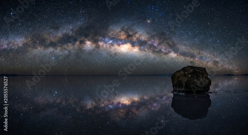 Milky way galaxy arch reflecting on a still mirror water surface with a solitary rock