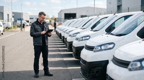 Fleet management action vehicle inspection at logistics center digital tools urban environment professional viewpoint