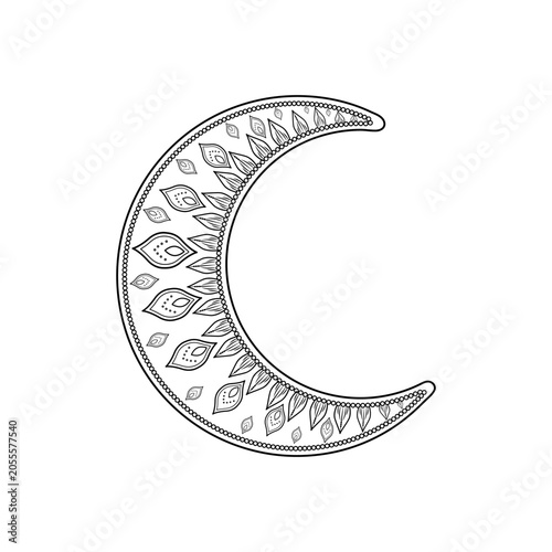 Crescent moon with ornamental doodle pattern. Boho lunar symbol with leaves, zentangle elements. Hand-drawn line art for astrology, spirituality cards, prints and tattoo. Isolated vector illustration.