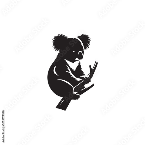 Canvas Print Koala on branch, Fuzzy ears silhouette, Holding tree trunk, Sitting koala shape