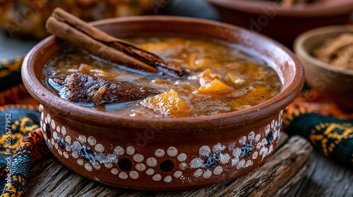 Fermented tepache pineapple rind brew in a clay olla vessel, dried cinnamon quill and piloncillo sugar cone partially dissolved in the fermenting liquid, clay vessel exterior showing salt effloresce