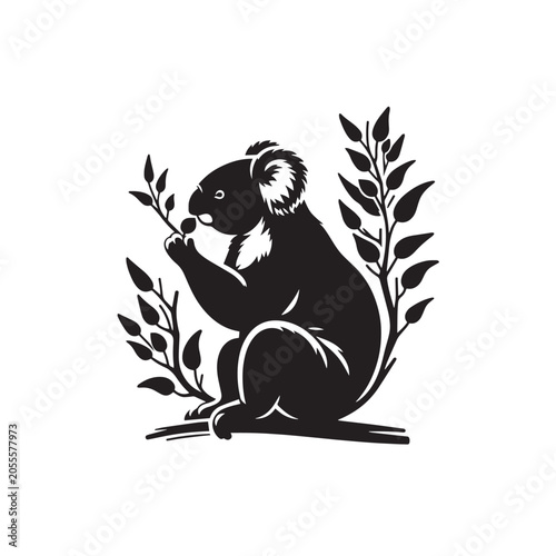Photography Koala on branch, Fuzzy ears silhouette, Holding tree trunk, Sitting koala shape