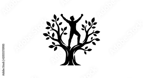 Man climbing tree with raised arms.