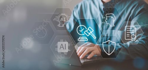 Foto Close up of hand on laptop with AI ethics and law icons