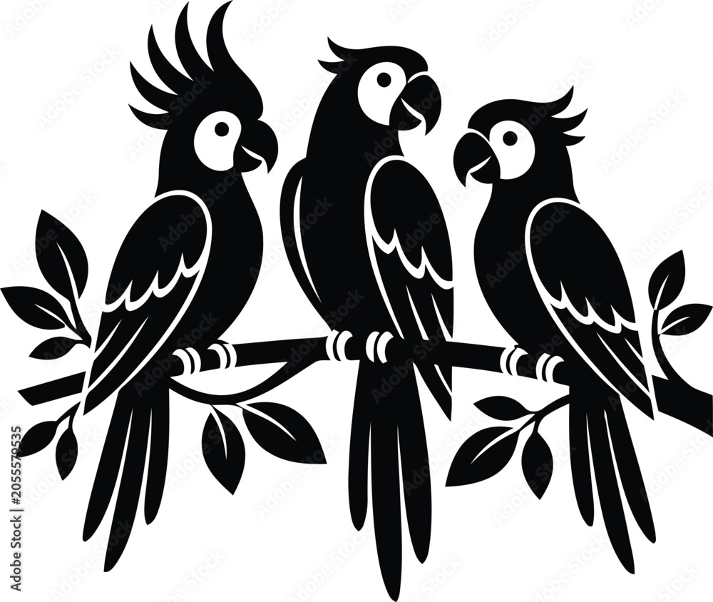 Fototapeta premium A elaborate black and white structure rendering featuring three parrots perched on a branch.
