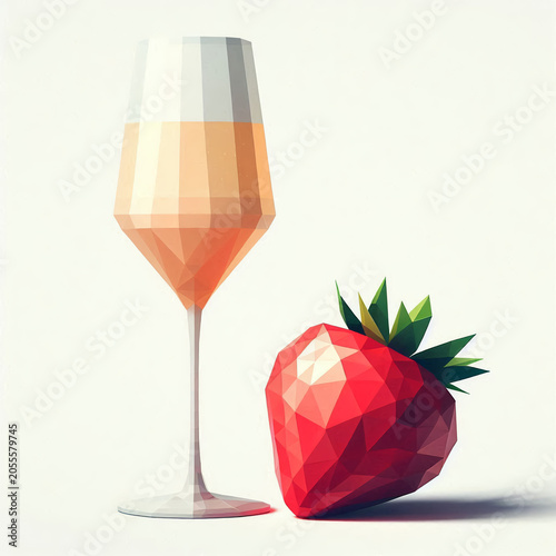 Low Poly Goblet with Strawberry. Geometric Strawberry Cocktail Glass