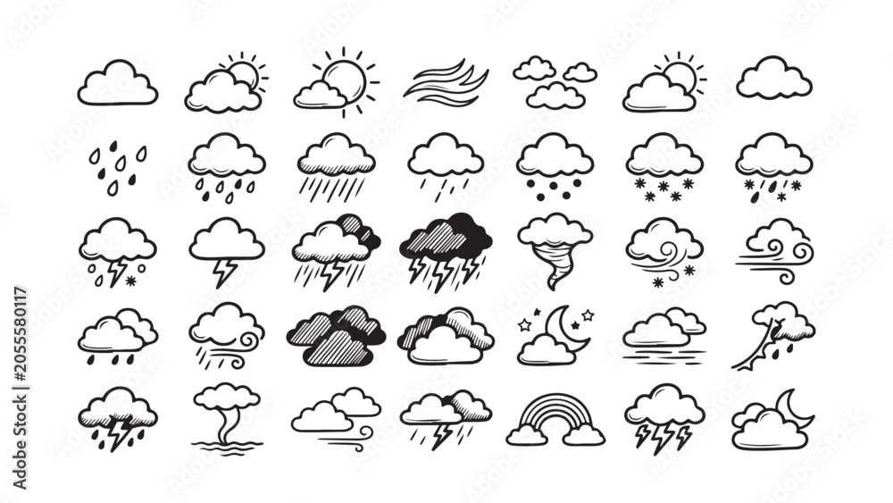 Obraz premium Hand Drawn Weather Icon Set with Clouds Sun and Rain