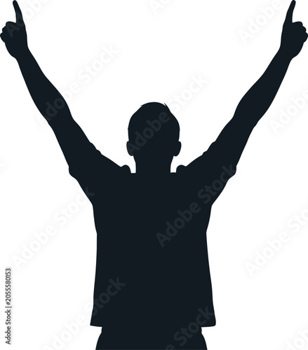 Silhouette of a man celebrating with arms raised and thumbs up
