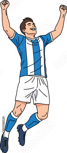 A joyful soccer player celebrating a goal with arms raised in victory