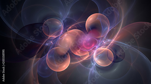 Abstract digital art featuring glowing pink and blue translucent spheres floating in a dark space