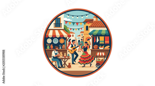 Fiesta Celebration: People Dancing and Playing Music in Spanish Town Square