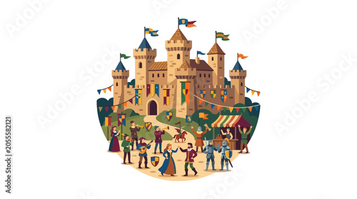 Fotografia Medieval Castle Festival with Knights and Villagers in Colorful Celebration