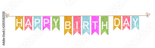 Bunting flags banner with happy birthday lettering isolated on transparent background.