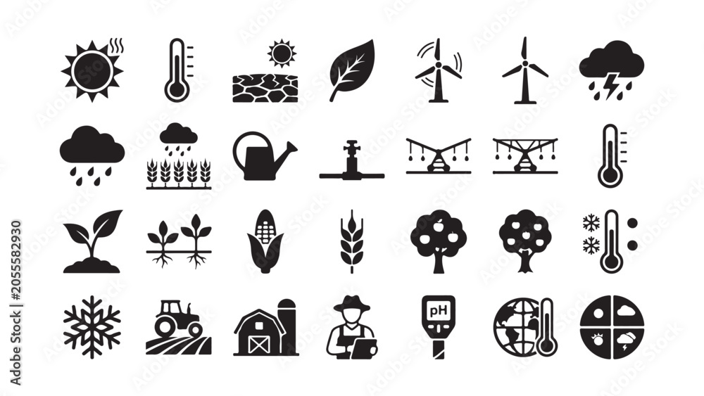 Obraz premium Climate Change and Agriculture Icons Set
