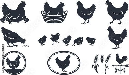 Fotografie Chicken hen silhouette vector icon set featuring brooding birds chicks farm emblems and weather vane isolated on white
