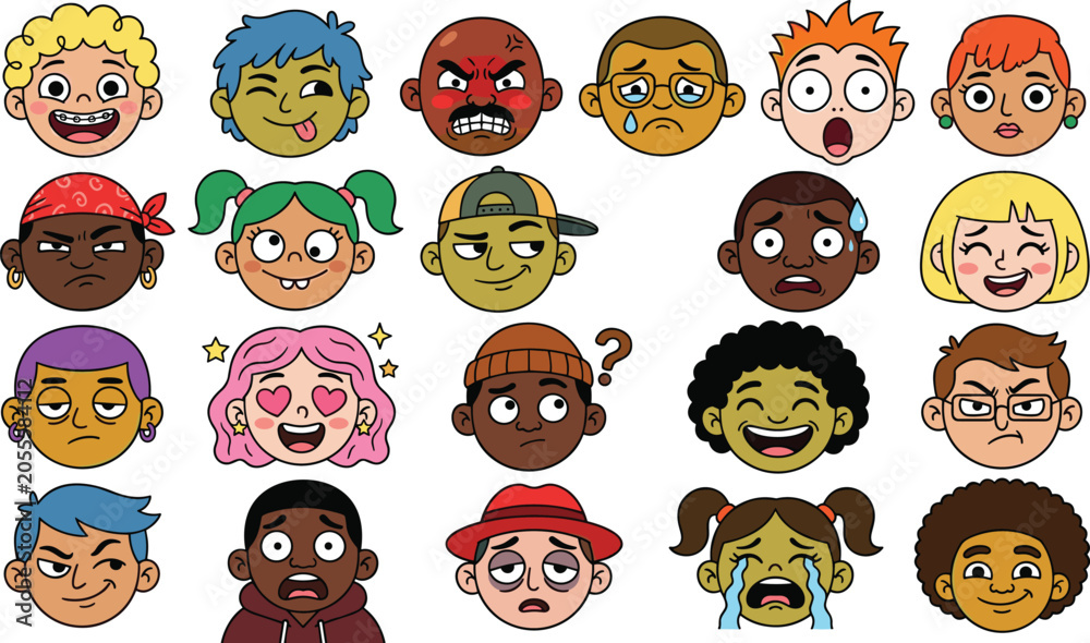Fototapeta premium Cartoon character avatar icon vector set featuring diverse people faces with various emotional expressions on white background.