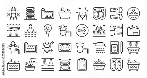 Hydro Massage and Spa Aqua Icon Set: Editable Outline Vector Symbols for Health Care, Wellness, and Relaxation