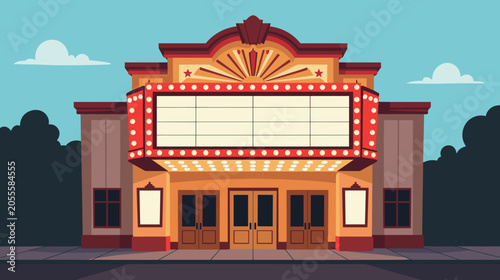 Vintage movie theater facade with blank marquee and decorative lights  