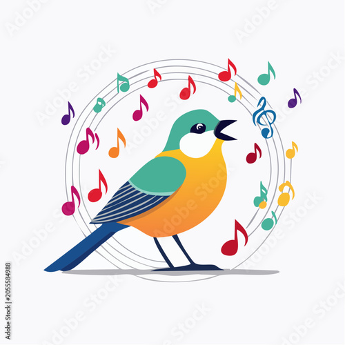Illustration of a singing bird with colorful musical notes