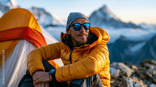 Mountaineer resting at high camp during acclimatization rotation, sitting outside a dome tent at extreme elevation, oxygen levels and barometric altitude gauge visible on wrist, surrounding peaks di