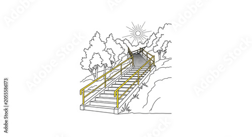 Staircase with yellow handrail detail.