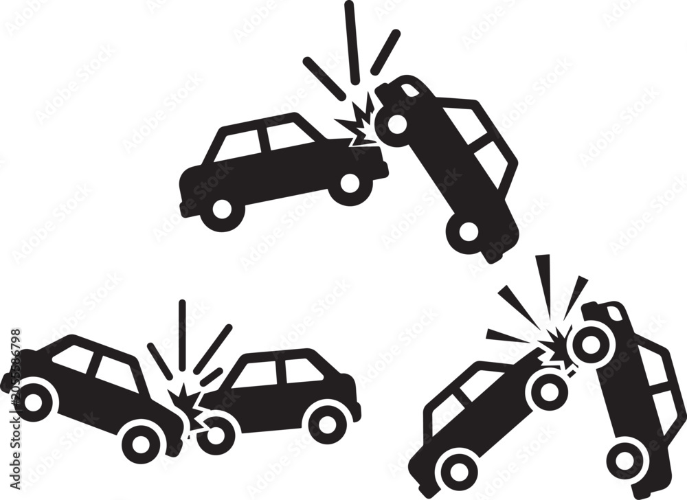 Naklejka premium Set of car crash and traffic accident silhouette icons with accident collision automobile dangerous insurance transport silhouette emergency careless incident illustration collection