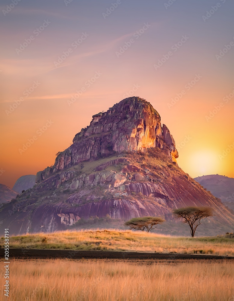 Obraz premium Majestic mountain peak bathed in golden hour light.
